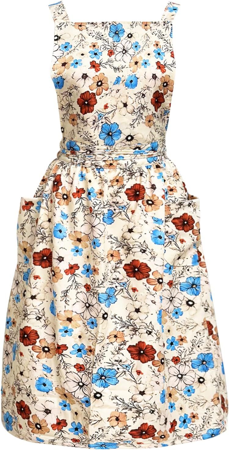 Cityelf Vintage Pinafore Floral Apron Dress with Headscarf Set Adjustable Cross Back with Pocket for Kitchen Baking Gardening - Image 1